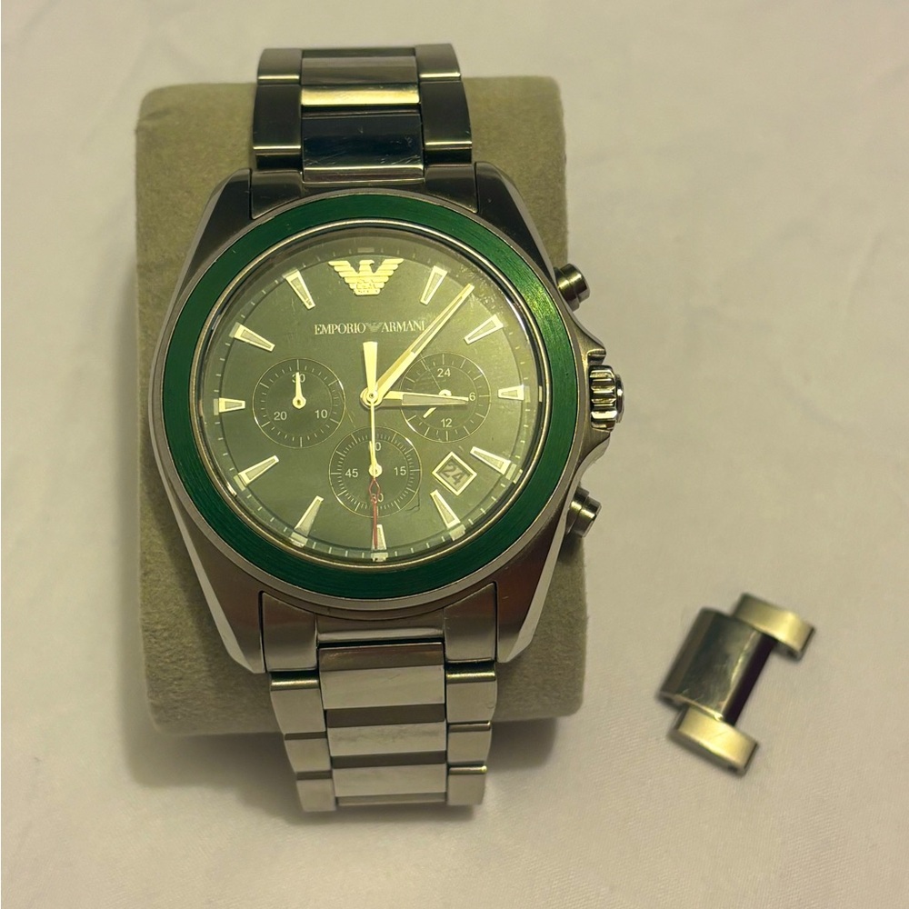 Emporio Armani Silver Watch with Green Accents